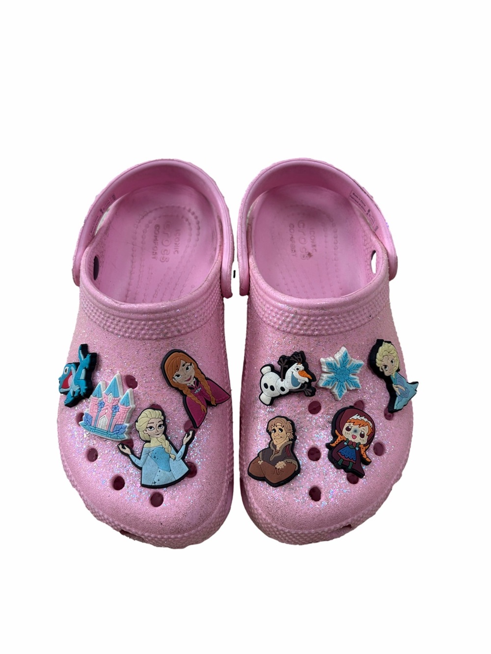 Crocs Little Kid Size 13 Pink Glitter Slip On Clog Sandals with Frozen Jibbitz
